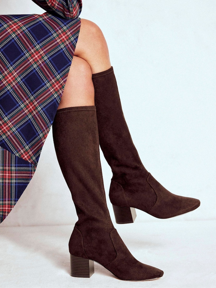 Boden Brown Stretch Knee Heel Boots - Image 1 of 4
