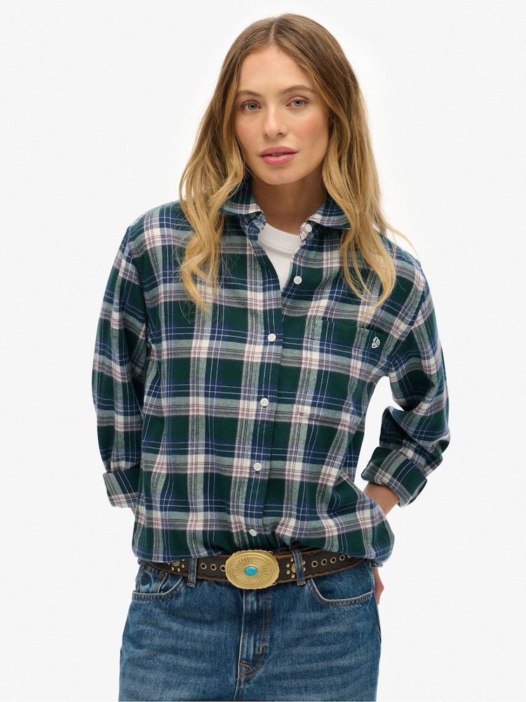 Superdry Green Check Flannel Boyfriend Shirt - Image 1 of 7 Superdry Green Check Flannel Boyfriend Shirt - Image 1 of 7