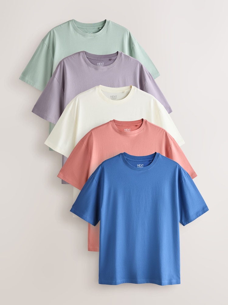 Mint/Lilac/Ecru/Coral/Blue Essential Cotton T-Shirts Relaxed Fit 5 Pack - Image 1 of 11