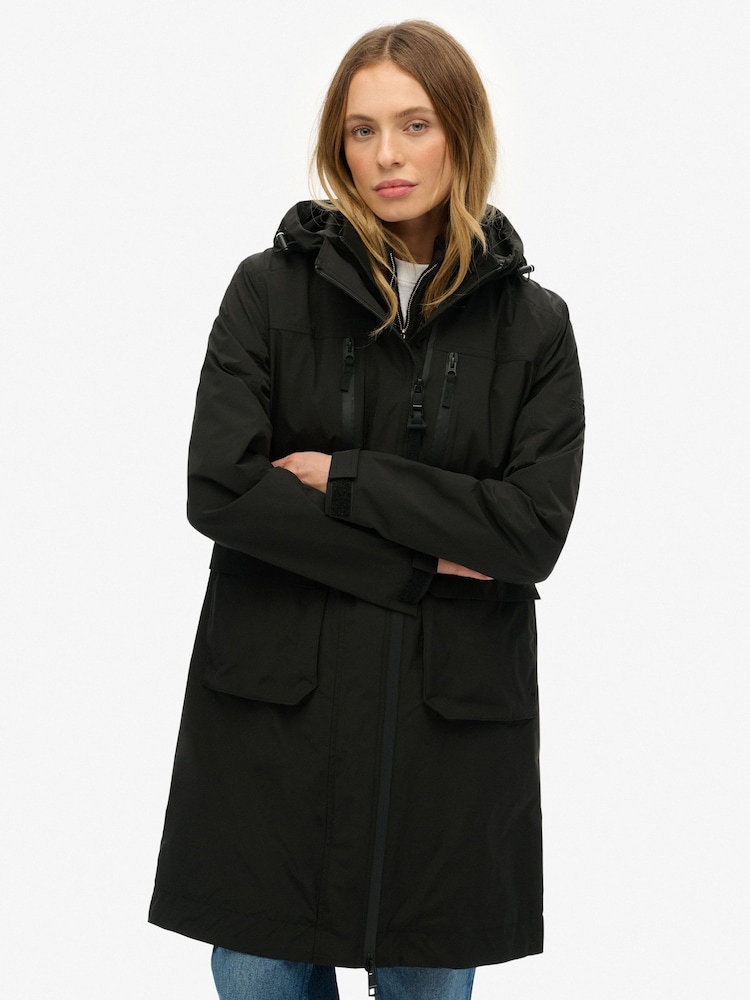 Superdry Black Hooded Longline Shell Parka - Image 1 of 5