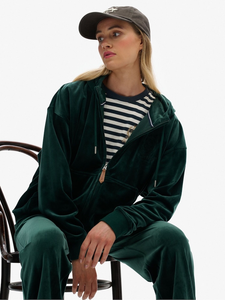 Superdry Green Country Club Velour Zip Hoodie - Image 1 of 7