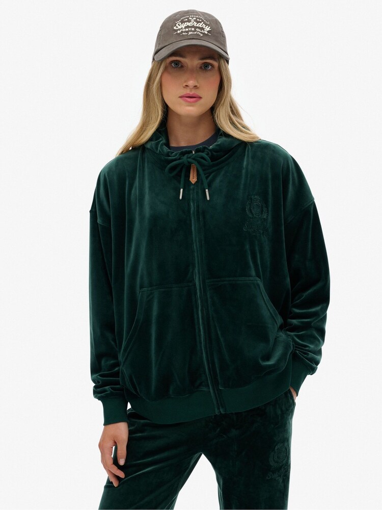 Superdry Green Country Club Velour Zip Hoodie - Image 2 of 7
