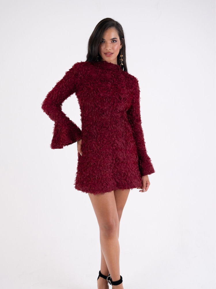 Amy Lynn Red Delphine 3D Floral Textured Flute Sleeve Mini Dress - Image 1 of 4 Amy Lynn Red Delphine 3D Floral Textured Flute Sleeve Mini Dress - Image 1 of 4