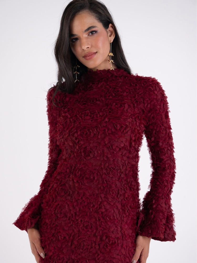 Amy Lynn Red Delphine 3D Floral Textured Flute Sleeve Mini Dress - Image 2 of 4 Amy Lynn Red Delphine 3D Floral Textured Flute Sleeve Mini Dress - Image 2 of 4