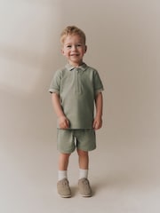 Sage Green Zip Neck Short Sleeve Polo Shirt And Shorts Set (3mths-7yrs) - Image 1 of 4
