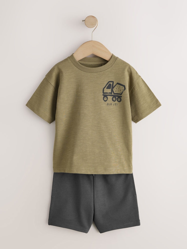 Khaki Green Digger Short Sleeve Back Print T-Shirt and Shorts Set (3mths-7yrs) - Image 1 of 5