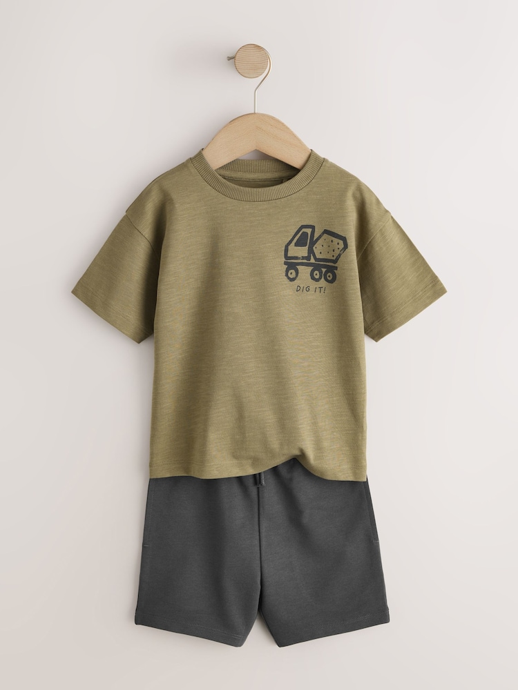 Khaki Green Digger Short Sleeve Back Print T-Shirt and Shorts Set (3mths-7yrs) - Image 2 of 5