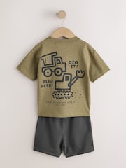 Khaki Green Digger Short Sleeve Back Print T-Shirt and Shorts Set (3mths-7yrs) - Image 3 of 5
