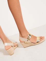 Faux Leather Gold - Friends Like These Elastic Low Espadrille Wedge Comfort Casual Sandals - 5এর মধ্যে 4 ছবি