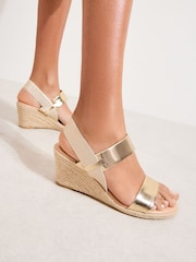 Faux Leather Gold - Friends Like These Elastic Low Espadrille Wedge Comfort Casual Sandals - 4এর মধ্যে 1 ছবি