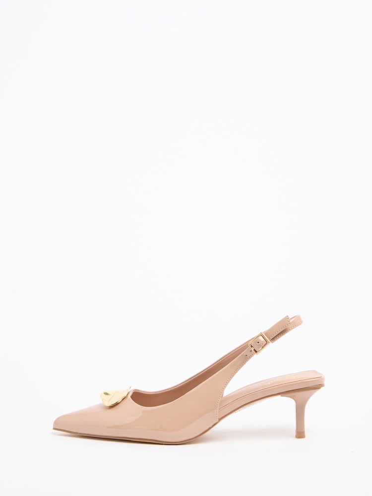 Friends Like These Nude Patent Gold Hardware Pointed Toe Slingback Kitten Heel Court Shoes - Image 5 of 5
