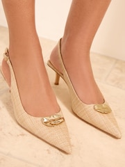 Friends Like These Natural Raffia Gold Hardware Pointed Toe Slingback Kitten Heel Court Shoes - Image 2 of 5