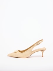 Friends Like These Natural Raffia Gold Hardware Pointed Toe Slingback Kitten Heel Court Shoes - Image 5 of 5