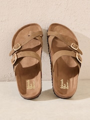 Friends Like These Taupe Faux Suede Standard Fit Multi Strap Buckle Detail Casual Footbed Sandals - Image 1 of 5