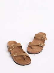 Friends Like These Taupe Faux Suede Standard Fit Multi Strap Buckle Detail Casual Footbed Sandals - Image 3 of 5