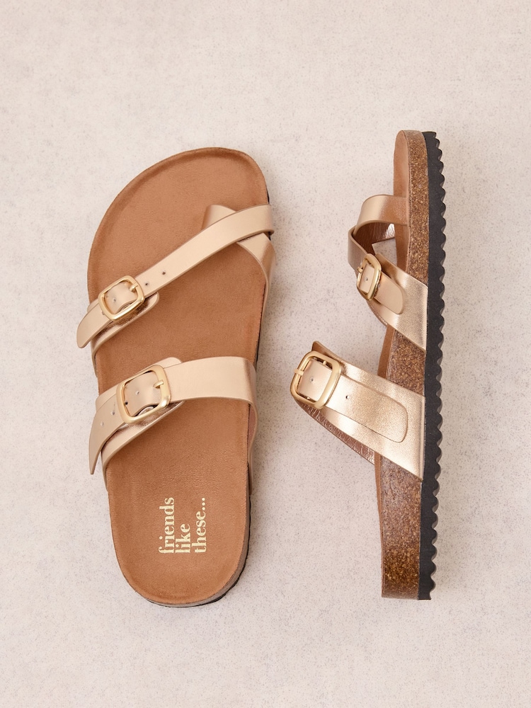 Friends Like These Rose Gold Faux Leather Standard Fit Multi Strap Buckle Detail Casual Footbed Sandals - Image 1 of 4