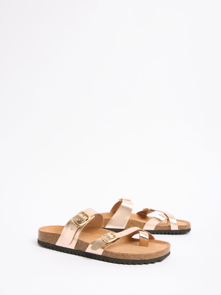 Friends Like These Rose Gold Faux Leather Standard Fit Multi Strap Buckle Detail Casual Footbed Sandals - Image 4 of 4