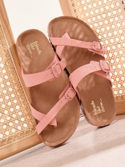 Friends Like These Coral Pink Faux Suede Standard Fit Multi Strap Buckle Detail Casual Footbed Sandals - Image 3 of 4