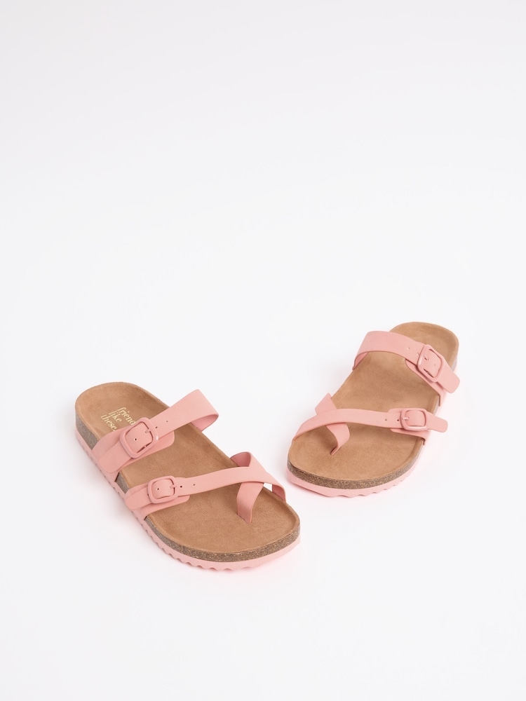 Friends Like These Coral Pink Faux Suede Standard Fit Multi Strap Buckle Detail Casual Footbed Sandals - Image 4 of 4