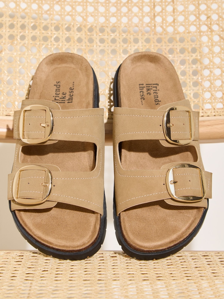 Friends Like These Natural Faux Suede Standard Fit Double Buckle Strap Flat Comfort Footbed Sandals - Image 1 of 5