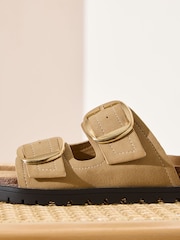 Friends Like These Natural Faux Suede Standard Fit Double Buckle Strap Flat Comfort Footbed Sandals - Image 2 of 5