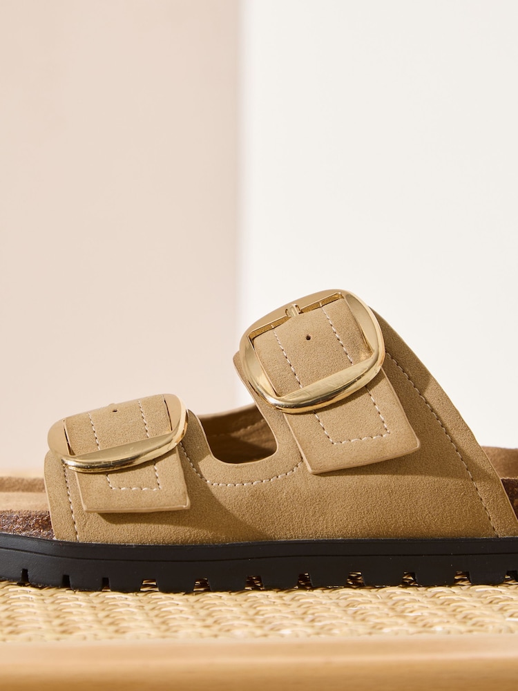 Friends Like These Natural Faux Suede Standard Fit Double Buckle Strap Flat Comfort Footbed Sandals - Image 2 of 5