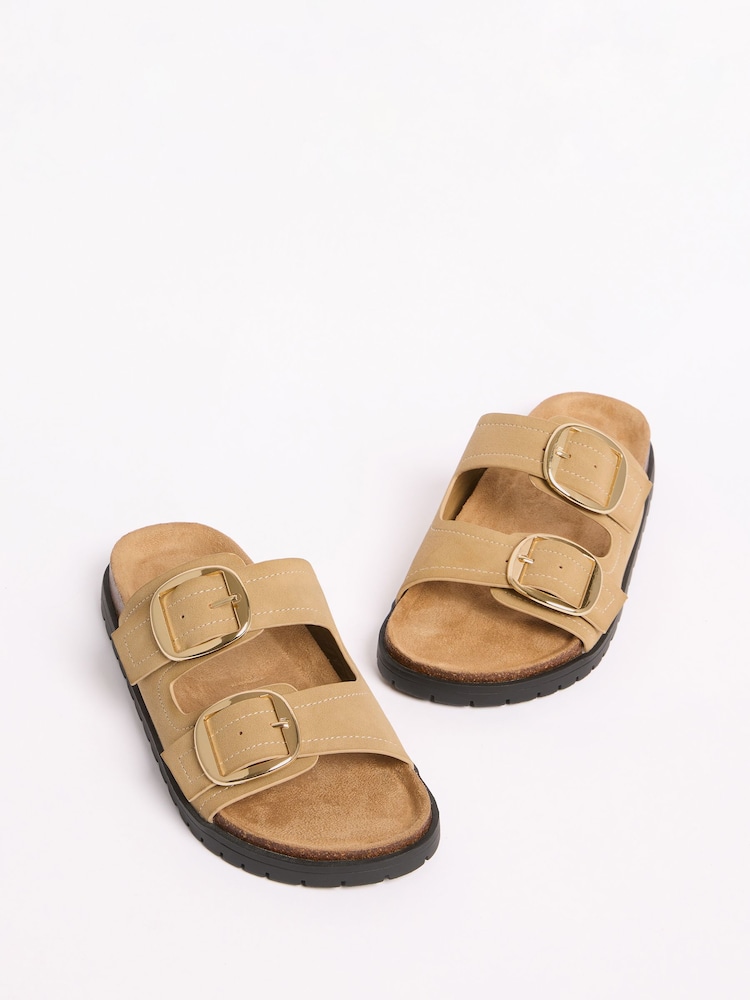 Friends Like These Natural Faux Suede Standard Fit Double Buckle Strap Flat Comfort Footbed Sandals - Image 5 of 5