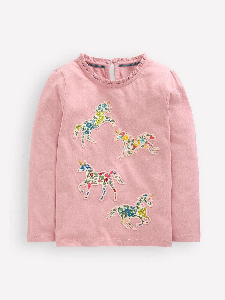 Boden Pink Frill Neck Appliqué T-Shirt - Image 1 of 3