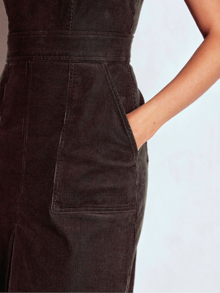 Boden Brown Ula Box Pleat Cord Midi Dress - Image 2 of 6