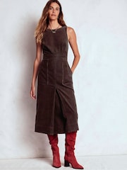 Boden Brown Ula Box Pleat Cord Midi Dress - Image 4 of 6