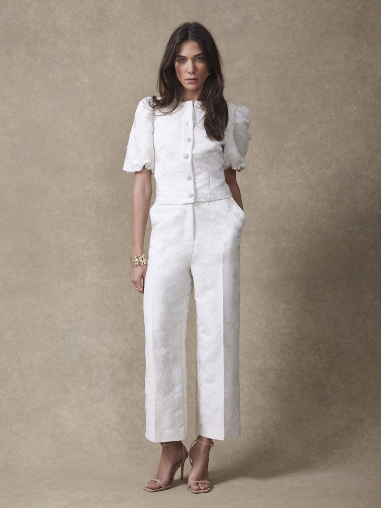 Mint Velvet Cream Jacquard Slim Trousers - صورة 1 من 7