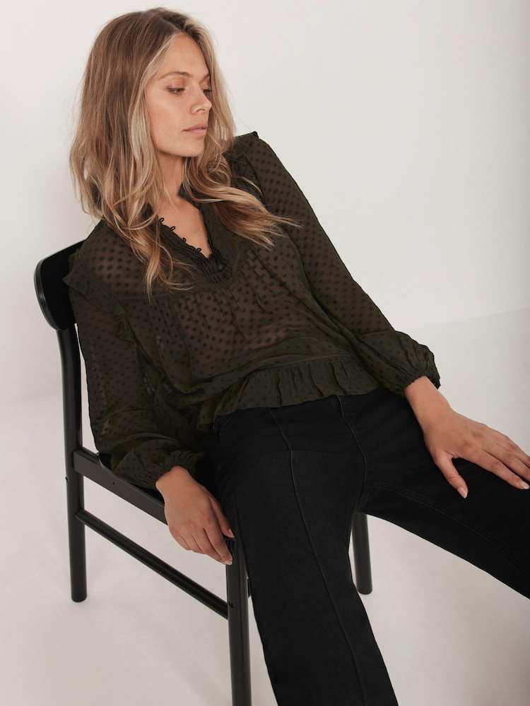 Mint Velvet Green Khaki Jacquard Ruffle Detail Blouse - Image 1 of 8