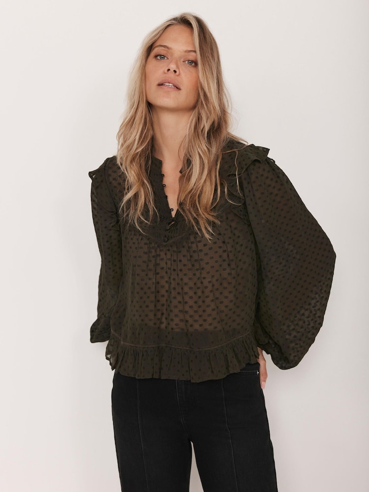 Mint Velvet Green Khaki Jacquard Ruffle Detail Blouse - Image 2 of 8