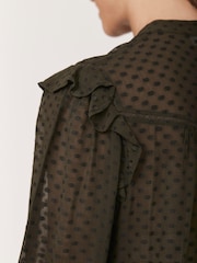 Mint Velvet Green Khaki Jacquard Ruffle Detail Blouse - Image 4 of 8