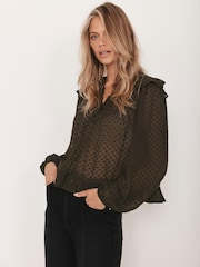 Mint Velvet Green Khaki Jacquard Ruffle Detail Blouse - Image 5 of 8