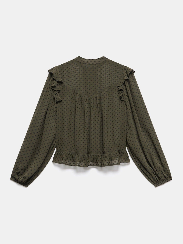 Mint Velvet Green Khaki Jacquard Ruffle Detail Blouse - Image 8 of 8