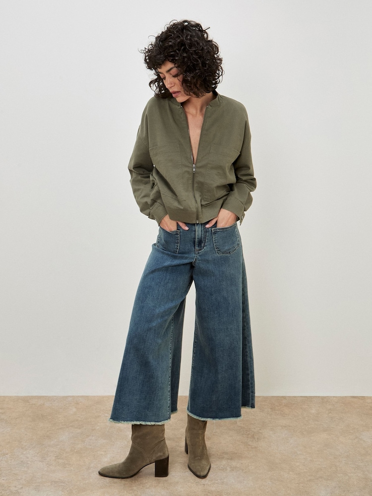 Apricot Green Denim Bomber Jacket - Image 1 of 4 Apricot Green Denim Bomber Jacket - Image 1 of 4