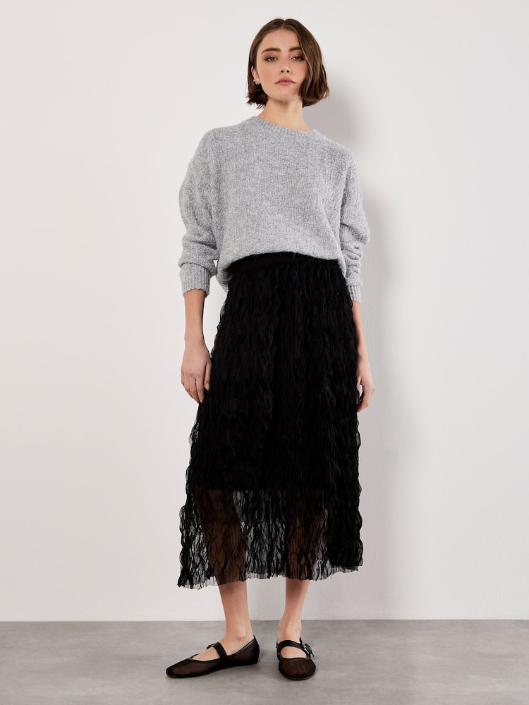 Apricot Black Wavy Tulle Midi Skirt - Image 1 of 4