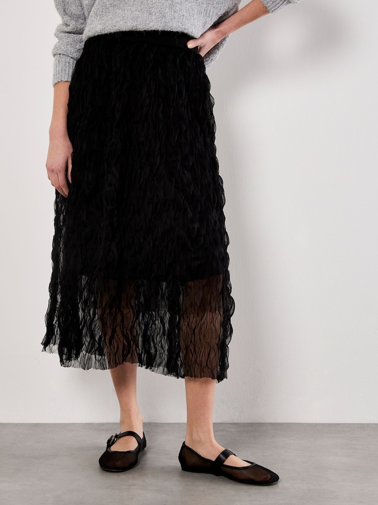 Apricot Black Wavy Tulle Midi Skirt - Image 2 of 4