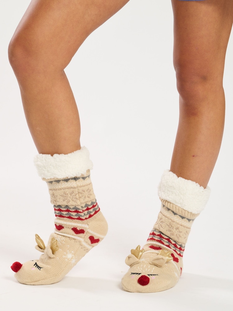 Loungeable Brown Reindeer 3D Fair Isle Pattern Socks - Image 1 of 3 Loungeable Brown Reindeer 3D Fair Isle Pattern Socks - Image 1 of 3