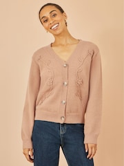 Yumi Brown Floral Embroidered Relaxed Fit Cardigan - Image 1 of 5