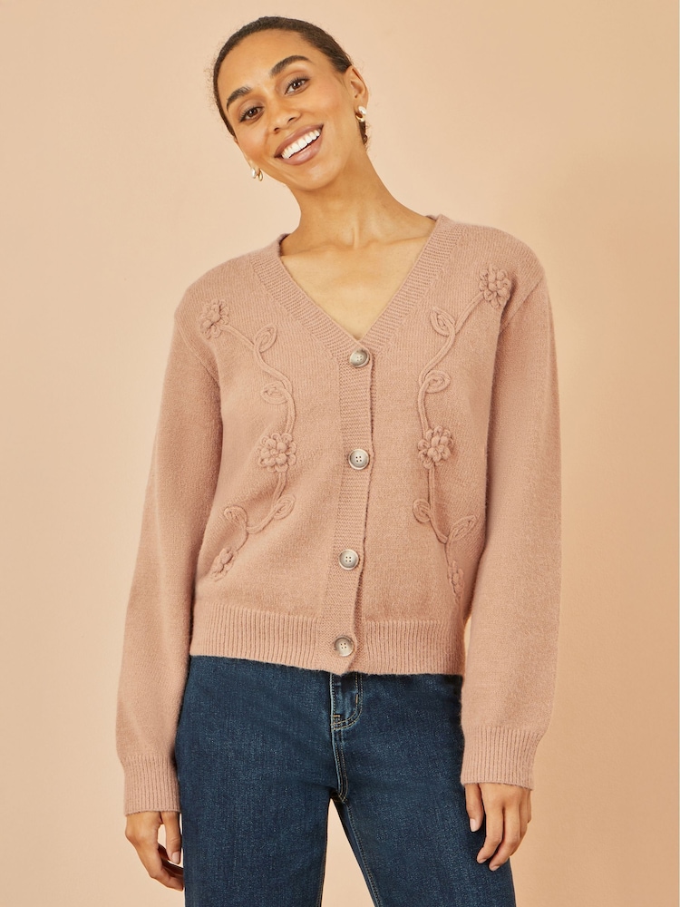 Yumi Brown Floral Embroidered Relaxed Fit Cardigan - Image 1 of 5