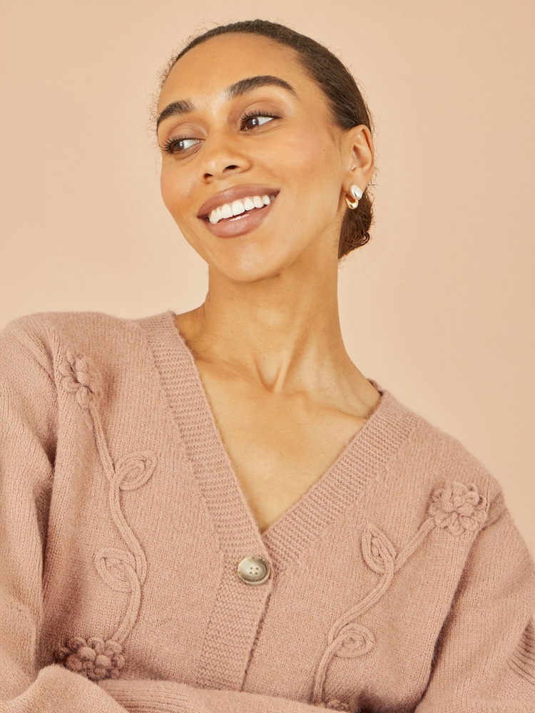 Yumi Brown Floral Embroidered Relaxed Fit Cardigan - Image 2 of 5