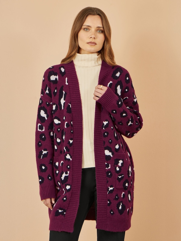 Yumi Purple Animal Intarsia Long Cardigan - Image 1 of 5 Yumi Purple Animal Intarsia Long Cardigan - Image 1 of 5