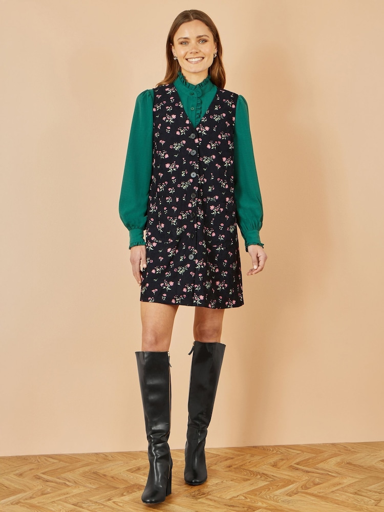 Yumi Black Floral Print Pinafore Dress With Button Up - Image 1 of 4