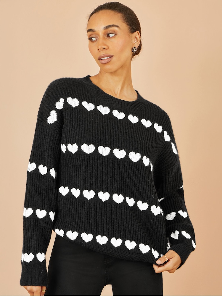 Yumi Black Heart Knit Relaxed Jumper - Image 1 of 4 Yumi Black Heart Knit Relaxed Jumper - Image 1 of 4