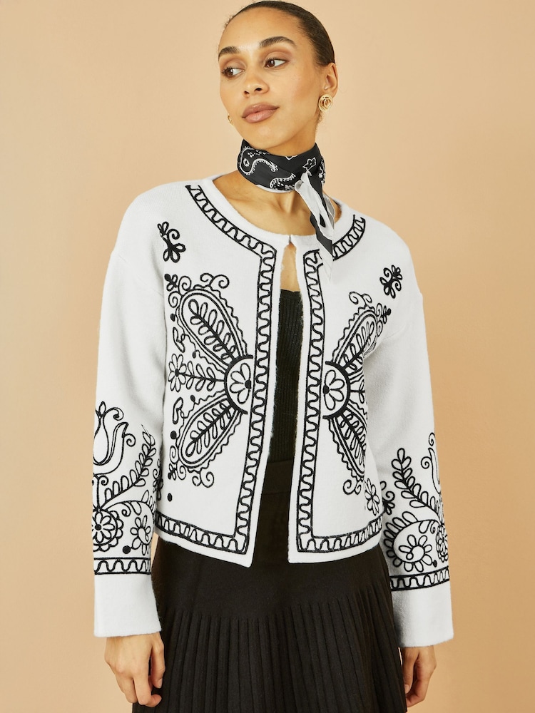 Yumi White Folk Embroidered Edge To Edge Cardigan - Image 1 of 4