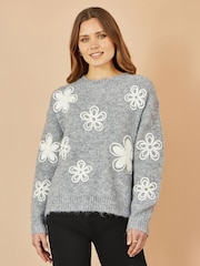 Yumi Grey Relaxed Jumper With Crochet Flowers - Image 1 of 5