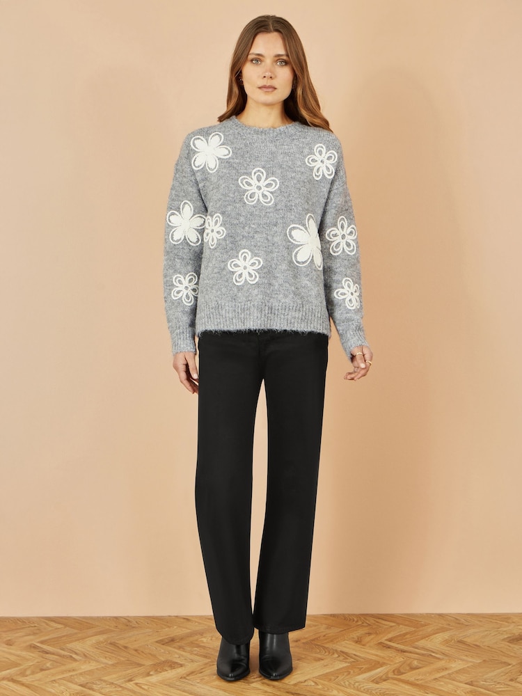 Yumi Grey Relaxed Jumper With Crochet Flowers - Image 2 of 5