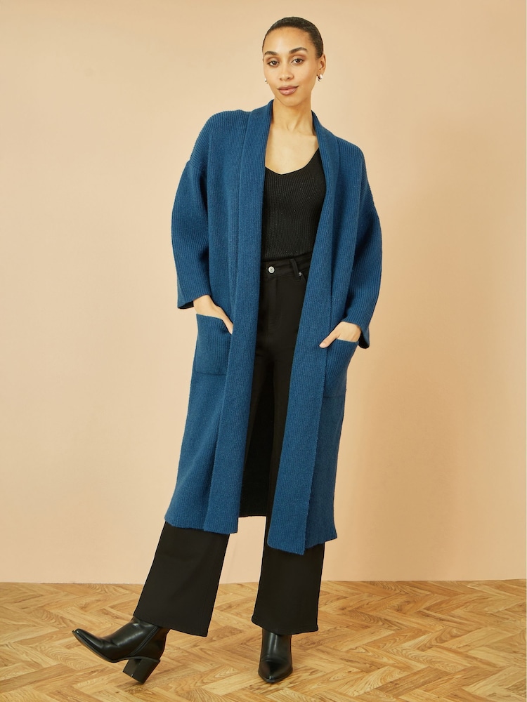 Yumi Blue Knitted Maxi Cardigan With Pockets - Image 1 of 5 Yumi Blue Knitted Maxi Cardigan With Pockets - Image 1 of 5
